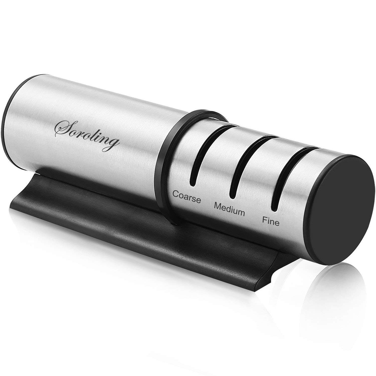 Knife Sharpener, Soroling Kitchen Diamond and Ceramic Wheel Sharpening System for Straight and Stainless Steel Knives, Manual 3-Stage Sharpen Tool, Safe and Easy to Use (Black)