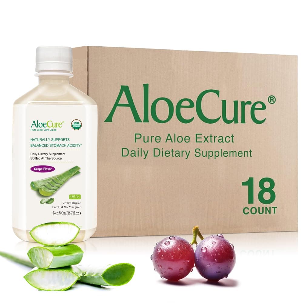 USDA Organic Aloe Vera Juice Grape Flavor, Made Within 12 Hours of Harvest - Pure Aloe Vera Digestive & Immune Health Supplement, Helps Maintain Balanced Stomach Acidity, 16.7oz x 18 Btls