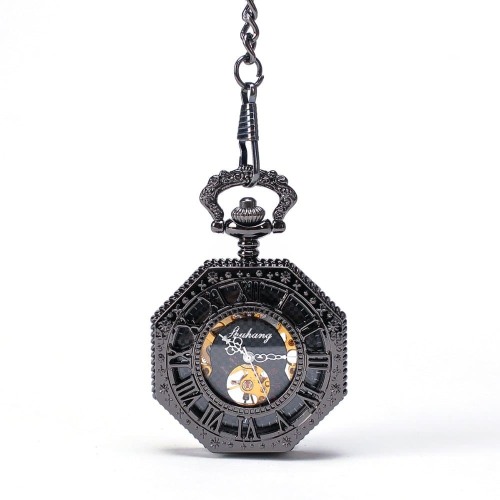 Black Hexagon Hollow Steampunk Skeleton Mechanical Pocket Watch with Chain Antique Cool Irregular Shape Cool Watch