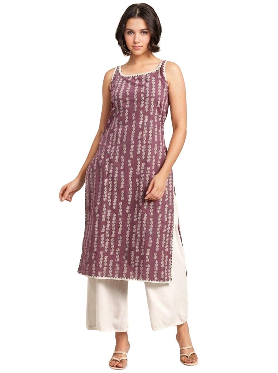 rytrasWomen's Cotton Straight Fit Straight Printed Sleeveless Kurta