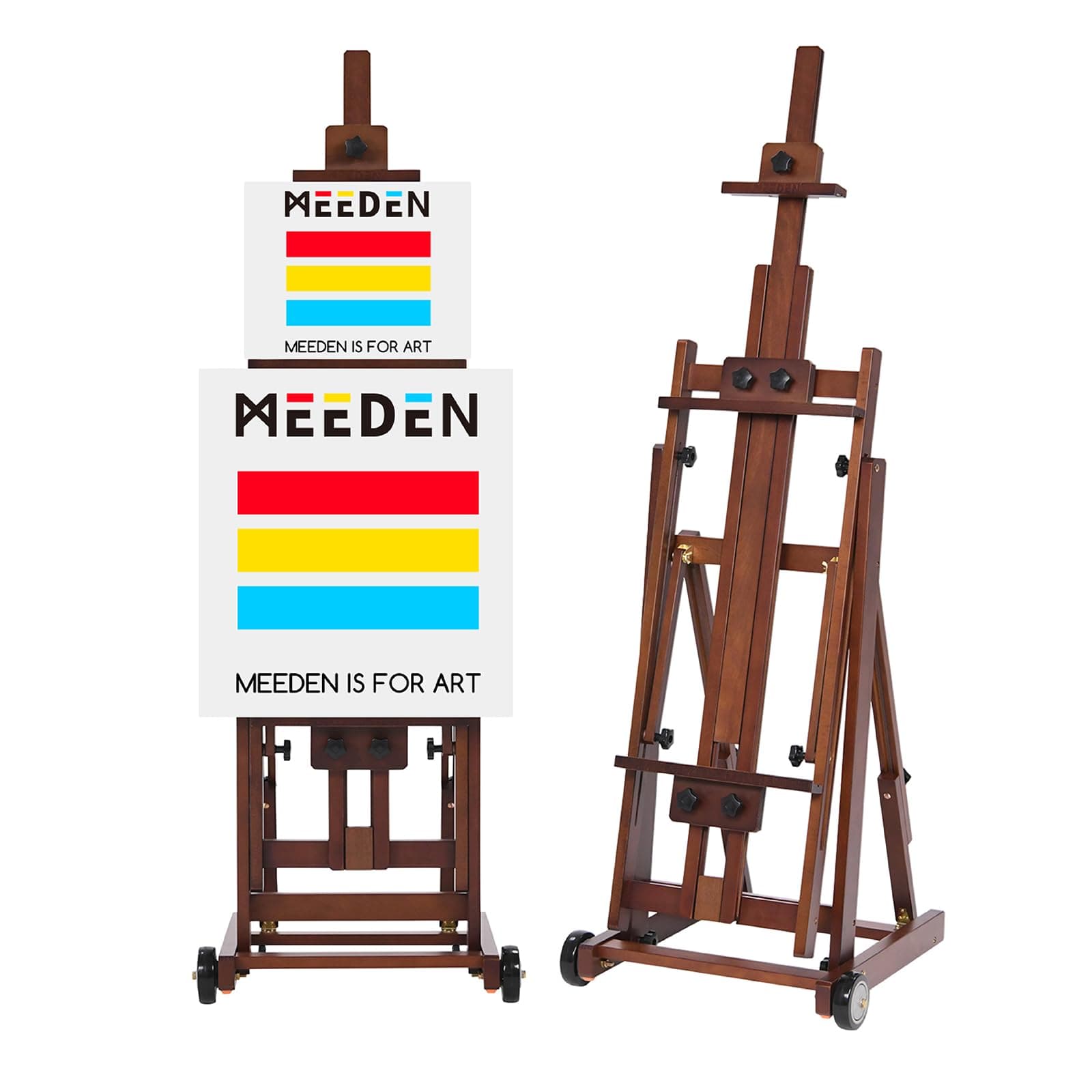 MEEDEN Studio H-Frame Easel -Adjustable Beech Wood Studio Art Easel, Painting Floor Easel Stand, Movable and Tilting Flat Available, Holds Canvas Art up to 77",Walnut
