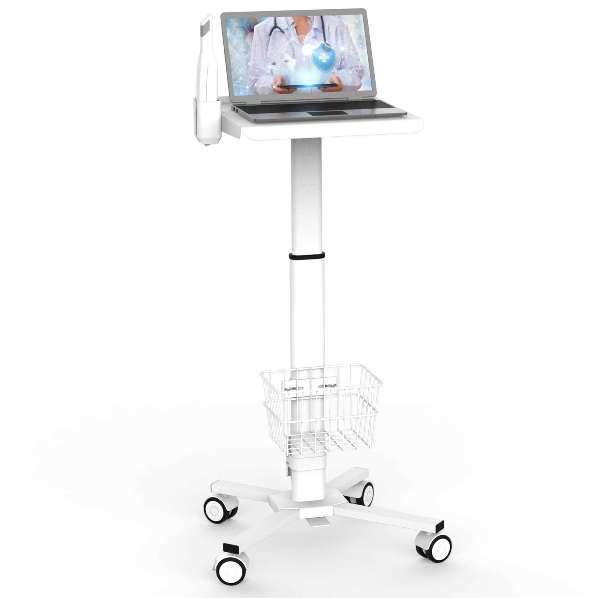 Mount Plus MB-C05 Medical Laptop Workstation Trolley Cart with Wheels, Oral Scanner Holder, Basket Storage | Height Adjustable Rolling Lab Cart with Large Tabletop for Dental Office, Hospital, Clinic