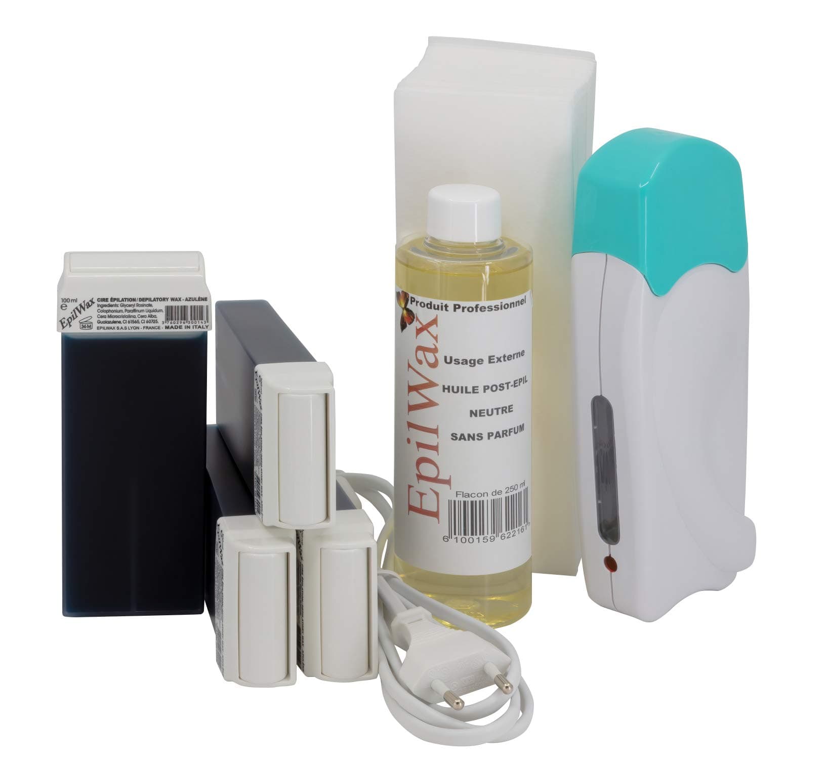 EpilWax Complete Hair Removal Waxing Kit - With 4 Azulene Wax Roll-on Cartridges, Roll On Wax Heater, 100 Strips and Waxing Oil