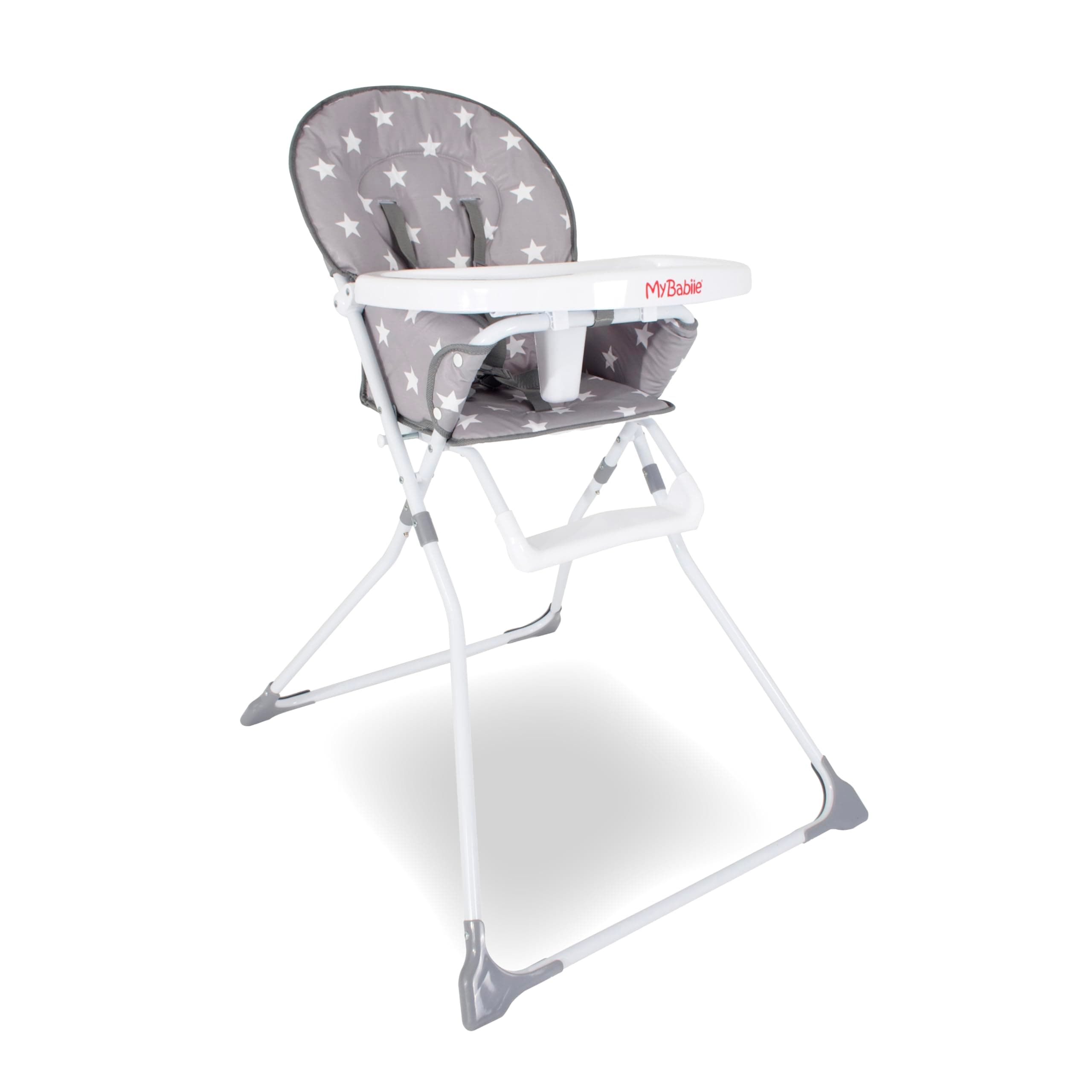 My Babiie MBHC1 Compact Highchair – Ultra Lightweight (5kg), Foldable, Easy Clean, Padded Seat, Footrest, Tray Cup Holder, for Toddler, from 6 Months to 3 Years (15kg) – Grey Stars
