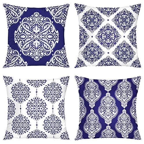 Suesoso Bohemian Throw Pillow Cover 18" X 18" Boho Pillow cases Set of 4 Farmhouse Couch Pillows Blue White Purple Trim Vintage Paisley Decorative Pillow Covers Sofa Bedroom Car Outdoor Cushion Covers