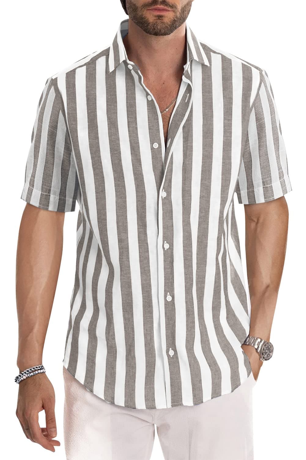 Men's Linen Shirts Casual Long Sleeve Button-Down Striped Dress Shirt