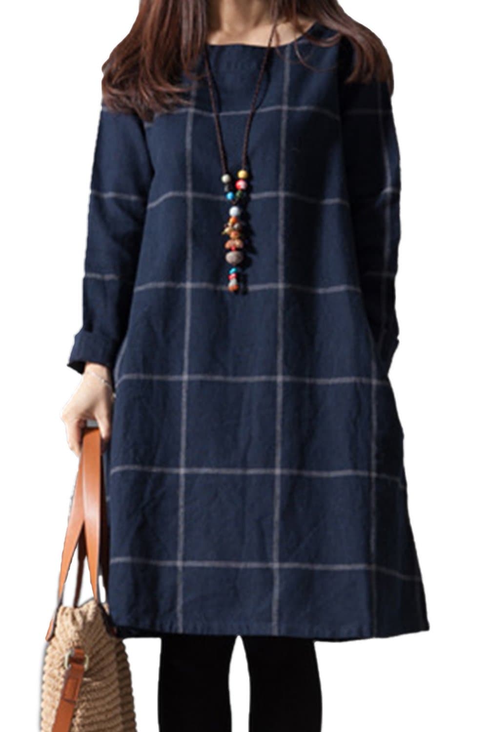 Women's Casual Big Grid Cotton&Linen Loose A-line Dress