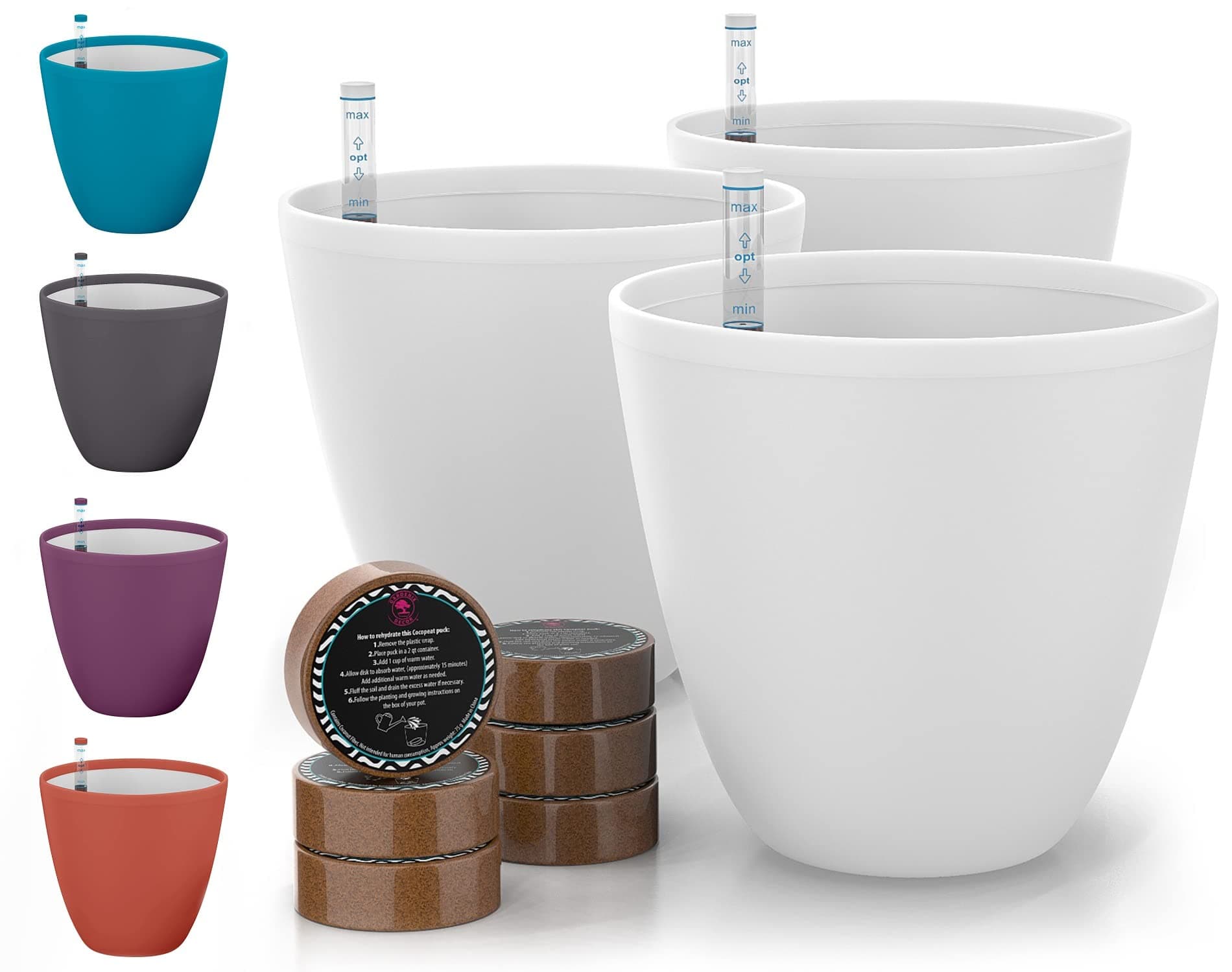 GARDENIX DECOR 7'' Self Watering planters for Indoor Plants - Flower Pot with Water Level Indicator for Plants, Grow Tracking Tool - Coco Coir - White 3 Pack