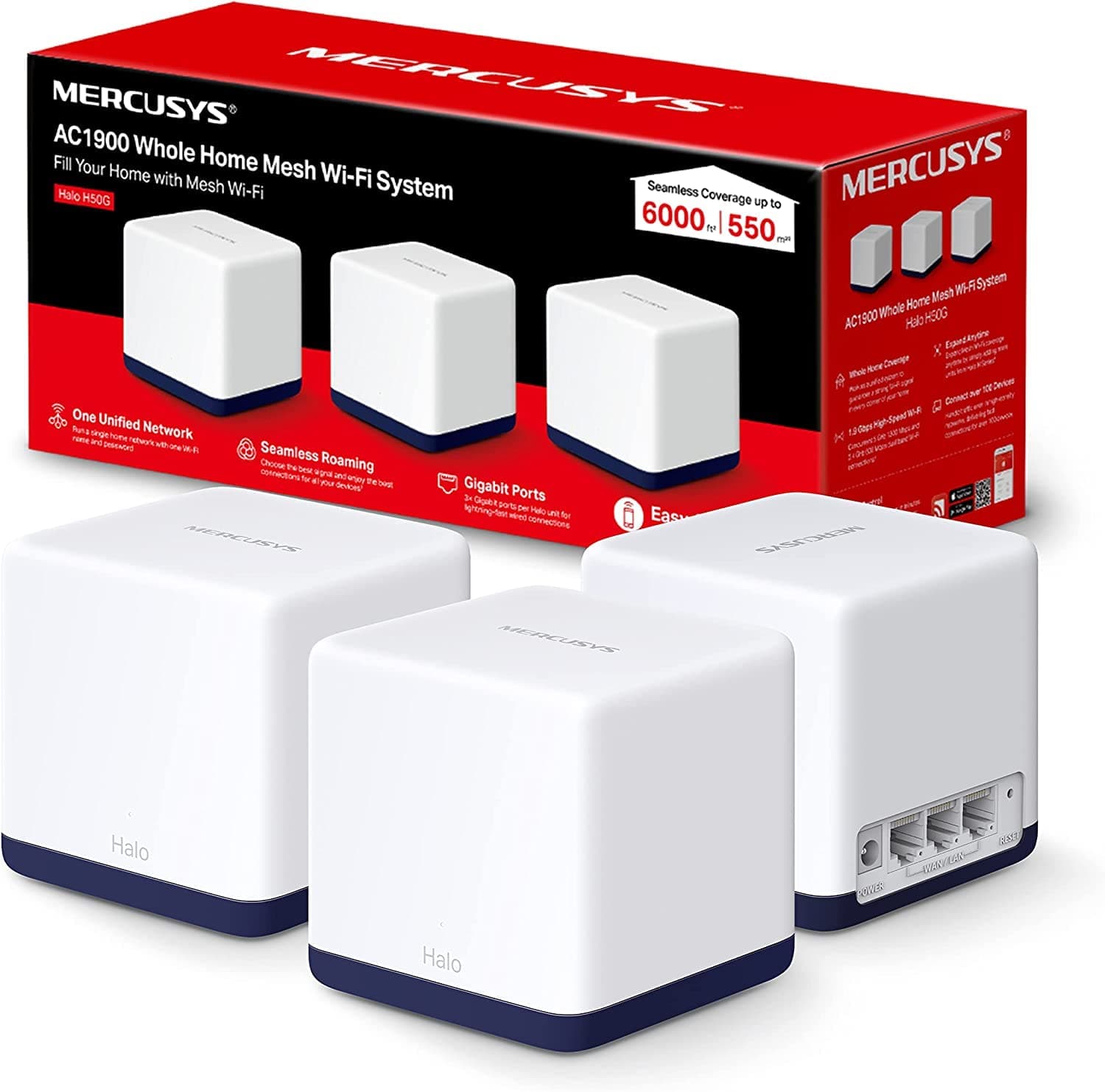 MERCUSYS Halo H50G(3-pack) AC1900Mbps Mesh WiFi System, Gigabit Ports, TP-Link WiFi Mesh System, WiFi Router, WiFi Extender Booster, 6,000ft²(550 m²), Seamless Roaming, Beamforming, Easy Setup