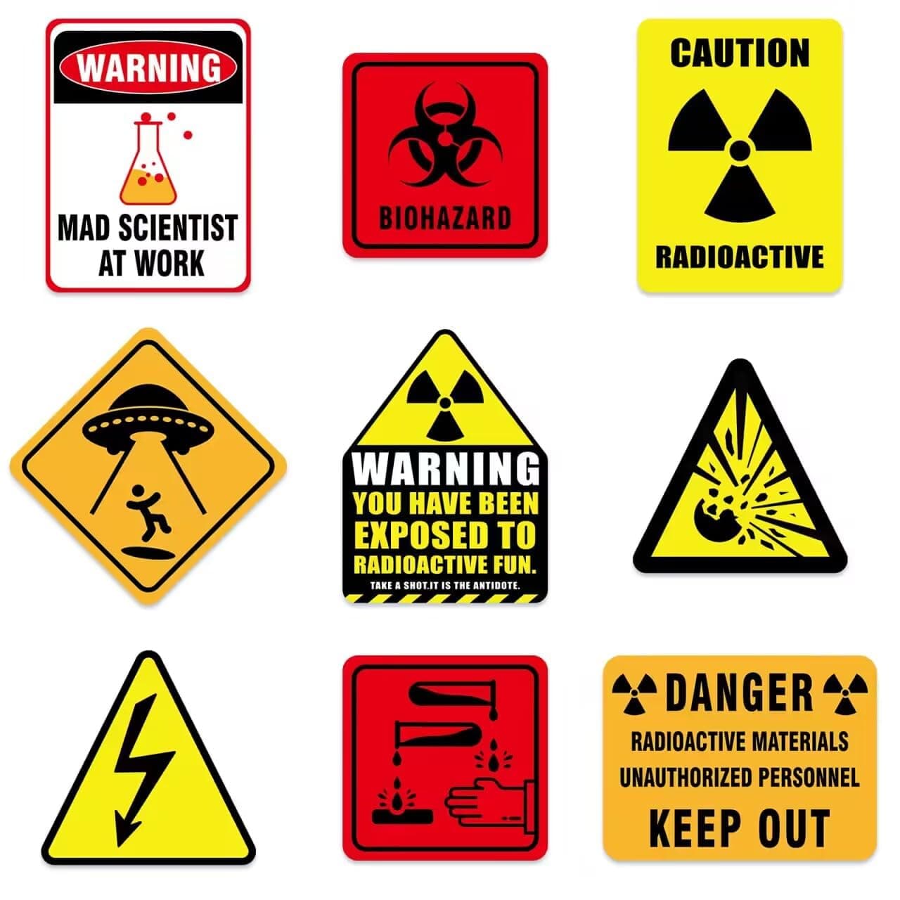Science Party Decorations - 9PCS Mad Scientist at Work Home Wall Decor Signs Funny Tags for Boys Kids Birthday Party Laboratory Sign Table Centerpieces Yellow Caution Logos on Door Supplies