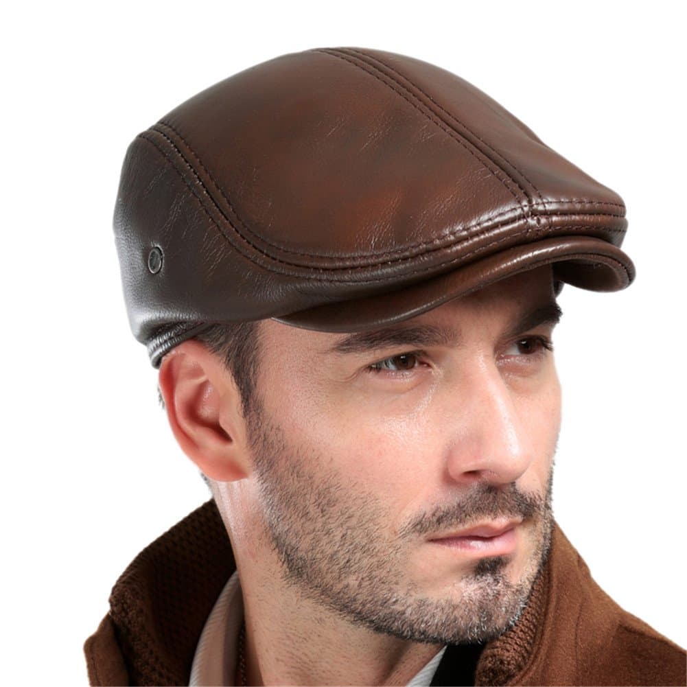VEMOLLA Men's Real Cowhide Leather Beret Hunting Cap Beanie Trucker Cap Mens Sports Hat Ancient Brown M
