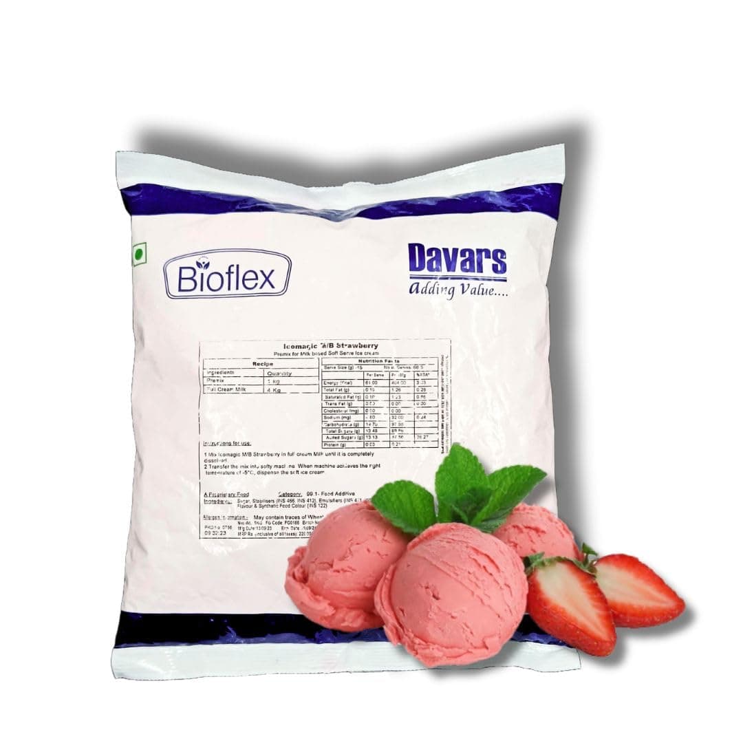 Davar's Ico Magic Strawberry Ice Cream Mix Powder – 1kg | Soft Serve & Scoop Ice Cream Premix for Homemade Ice Creams, Milkshakes & Frozen Desserts
