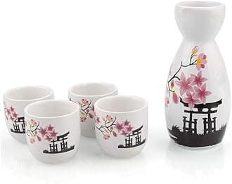 Japanese Sake Set, 1 Tokkuri Bottle & 4 Ochoko Cups, Spring Blossoms Ceramic Sake Set Microwave and Dishwasher Safe