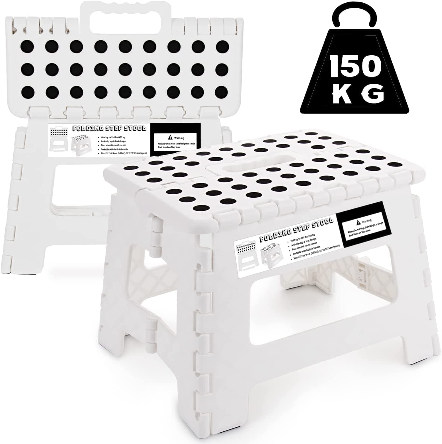 Step Stool for Kids & Adults - 9 inch Plastic Folding Stepping Stool for Kitchen Bathroom Garden and Outdoor, Portable Foldable Stool Holds up to 150KG (White)