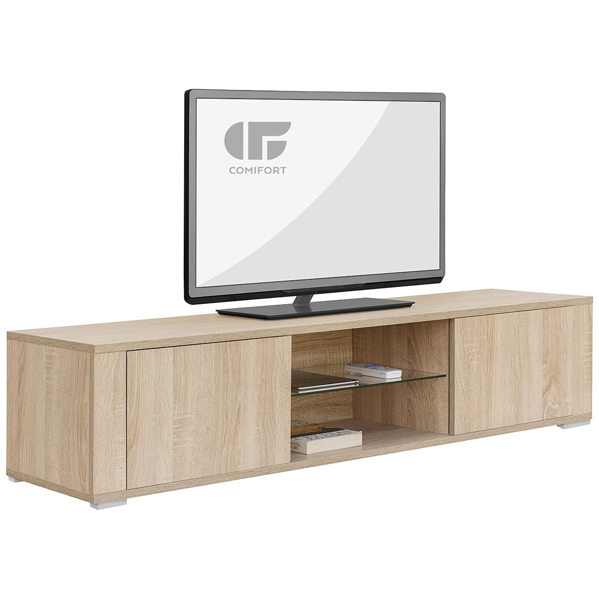 COMIFORT TV Stand - Modern Living Room Cabinet with Push Door, Tempered Glass Shelf, Very Sturdy, Made in Europe, Oak Colour