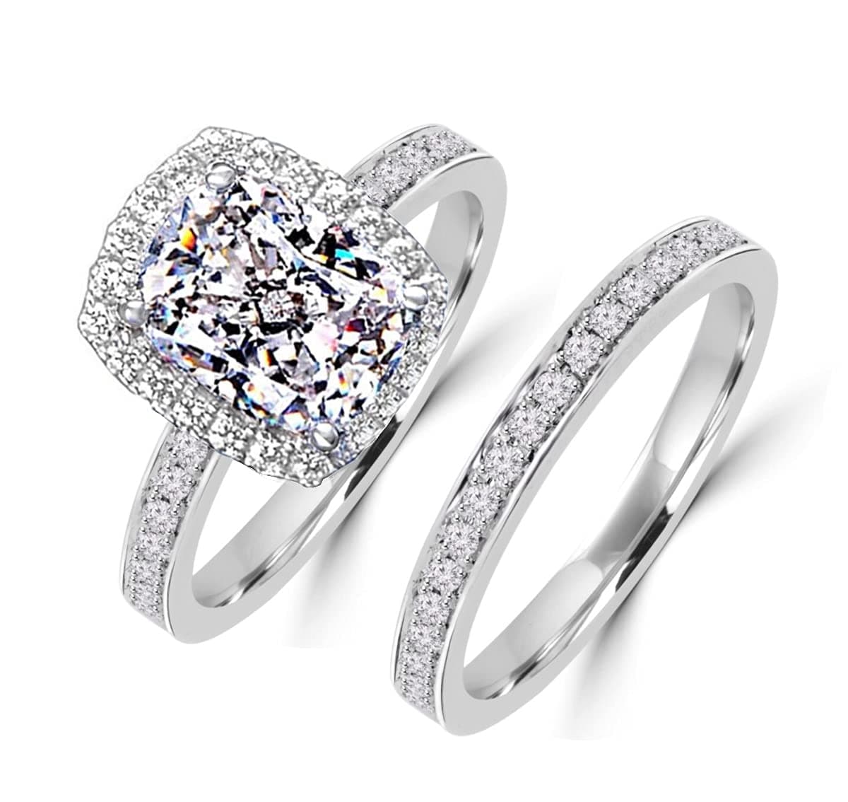 Supreme 101 Facets 2 Carat Rectangular Cushion Cut NSCD Simulated Diamond Ring Band Set Solid 925 Silver Halo Design