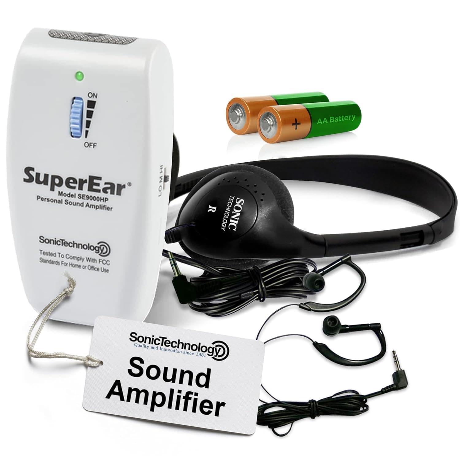 SE9000HP Hearing Amplifier – Rechargeable Personal Sound Amplification System with Headphones & Earbuds, 50dB Boost, 3-Tone Selection