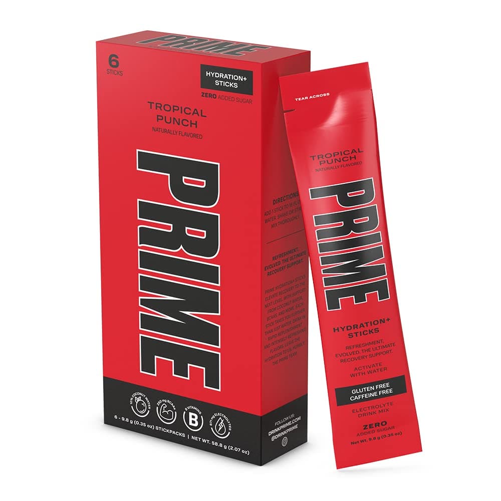 PRIME HYDRATION+ Stick Pack, Electrolyte Drink Mix, 10% Coconut Water, 250mg BCAAs, Antioxidants, Naturally Flavored, Zero Added Sugar, Easy Open Single-Serving Stick, Tropical Punch 6 Sticks