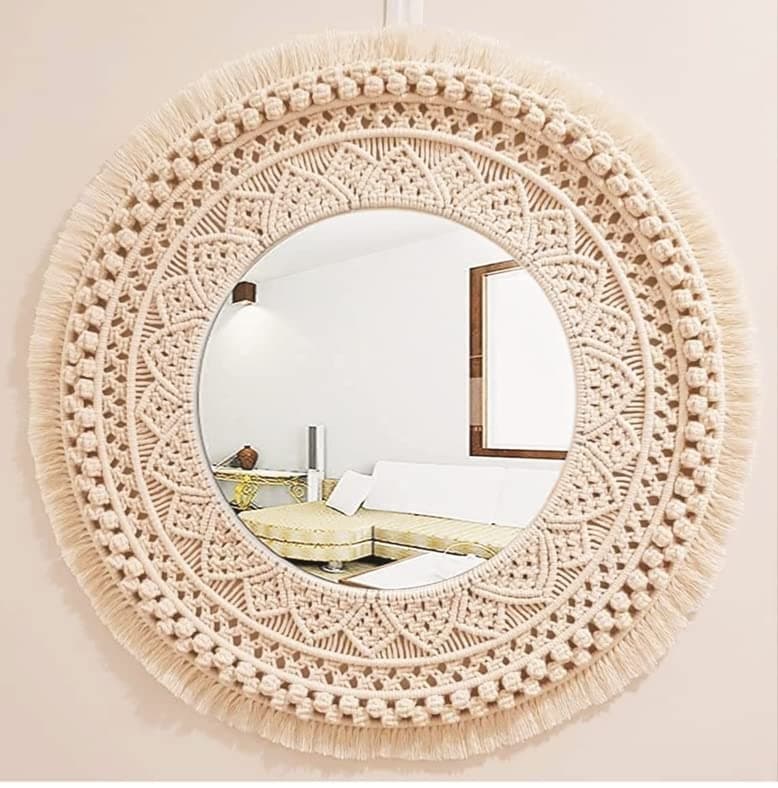 Handmade Cotton Macrame Wall Hanging Glass Mirror With Boho Fringes, Bohemian Art Decorative Aina For Make-Up, Living Room, Bedroom, Off-White, Dia 18 Inches, Style 30, Framed, Round