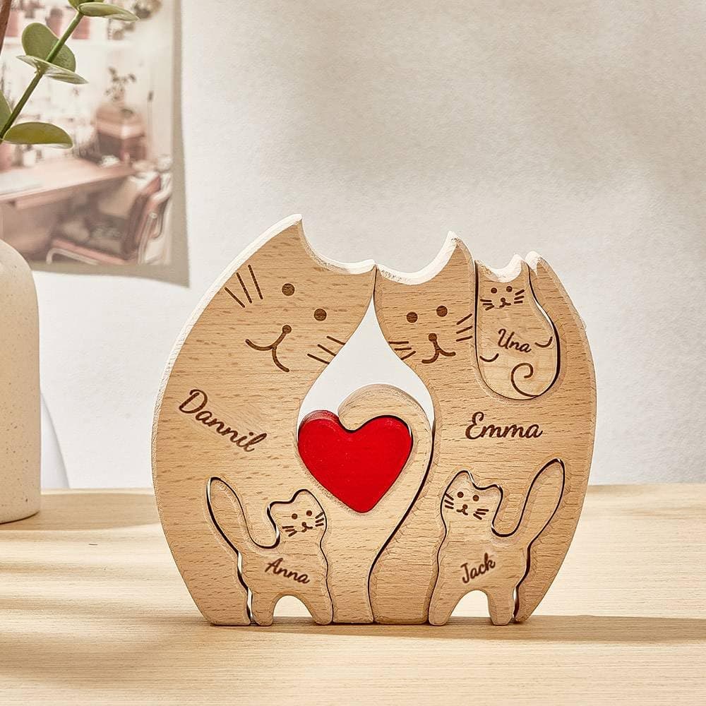 Personalized Wooden Cat Puzzle with 1-8 Family Name, We are One, Custom Family Name Sculpture, Ideal Gift for Mother's Day, Father’s Day, House Warming Gift, Unique Wooden Decor Gift for Mom and Dad