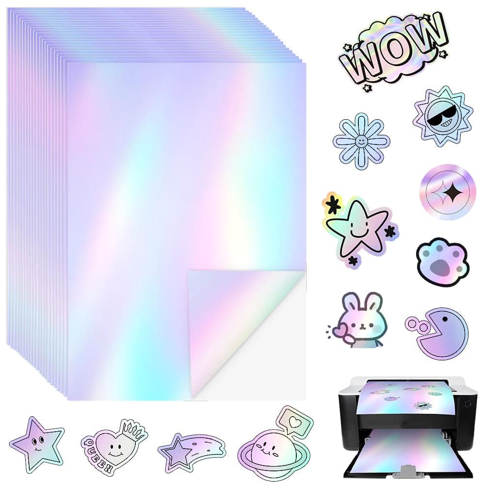 Sticker and Paper for Printer A4 ADERTOS 24 Sheets Holographic Vinyl Self-Adhesive Waterproof Sticky Label Overlay Lamination Film for Inkjet Laser Printer
