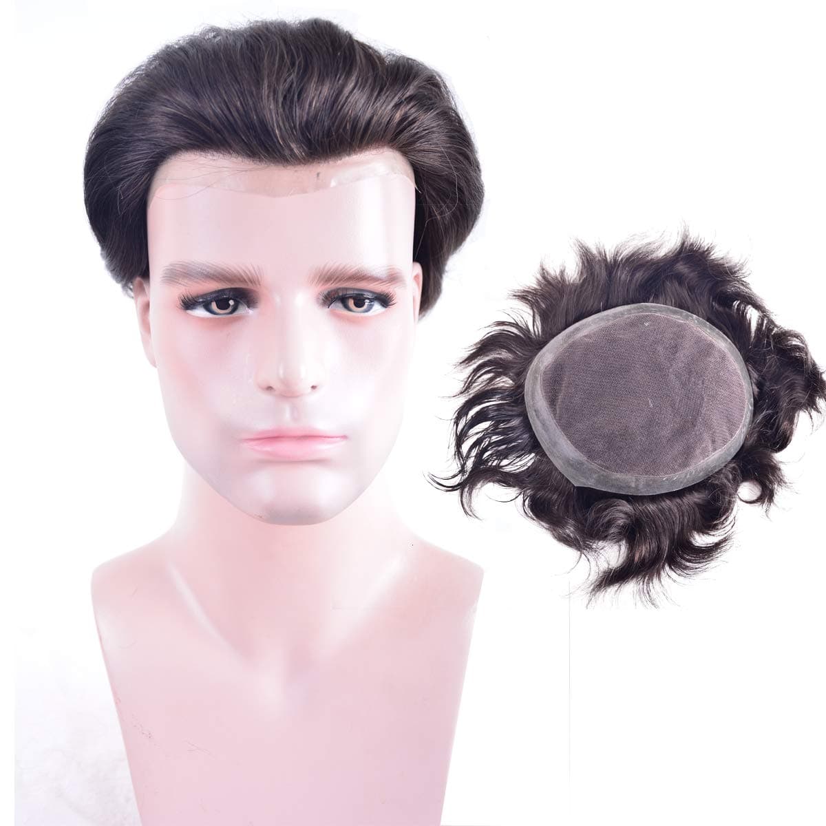 Human Hair Toupee for Men 8x10 Inch French Lace with 1.5" Clearly PU 360-degree Cap Base, European Virgin Natural Wave Men's Wigs Hairpieces Replacement System Dark Brown(#2)