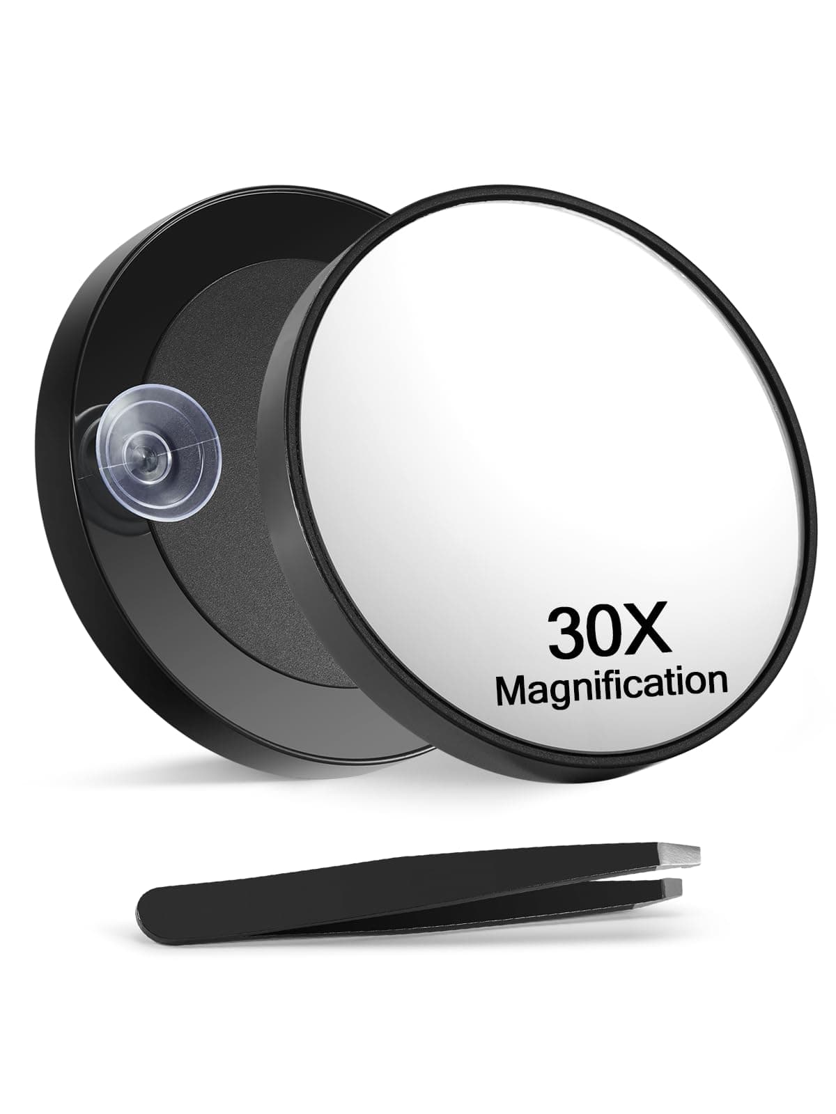 30X Magnifying Mirror with 2 Suction Cups, 3.5 inches Magnified Makeup Mirror and Slant Tweezers,Black,1PC