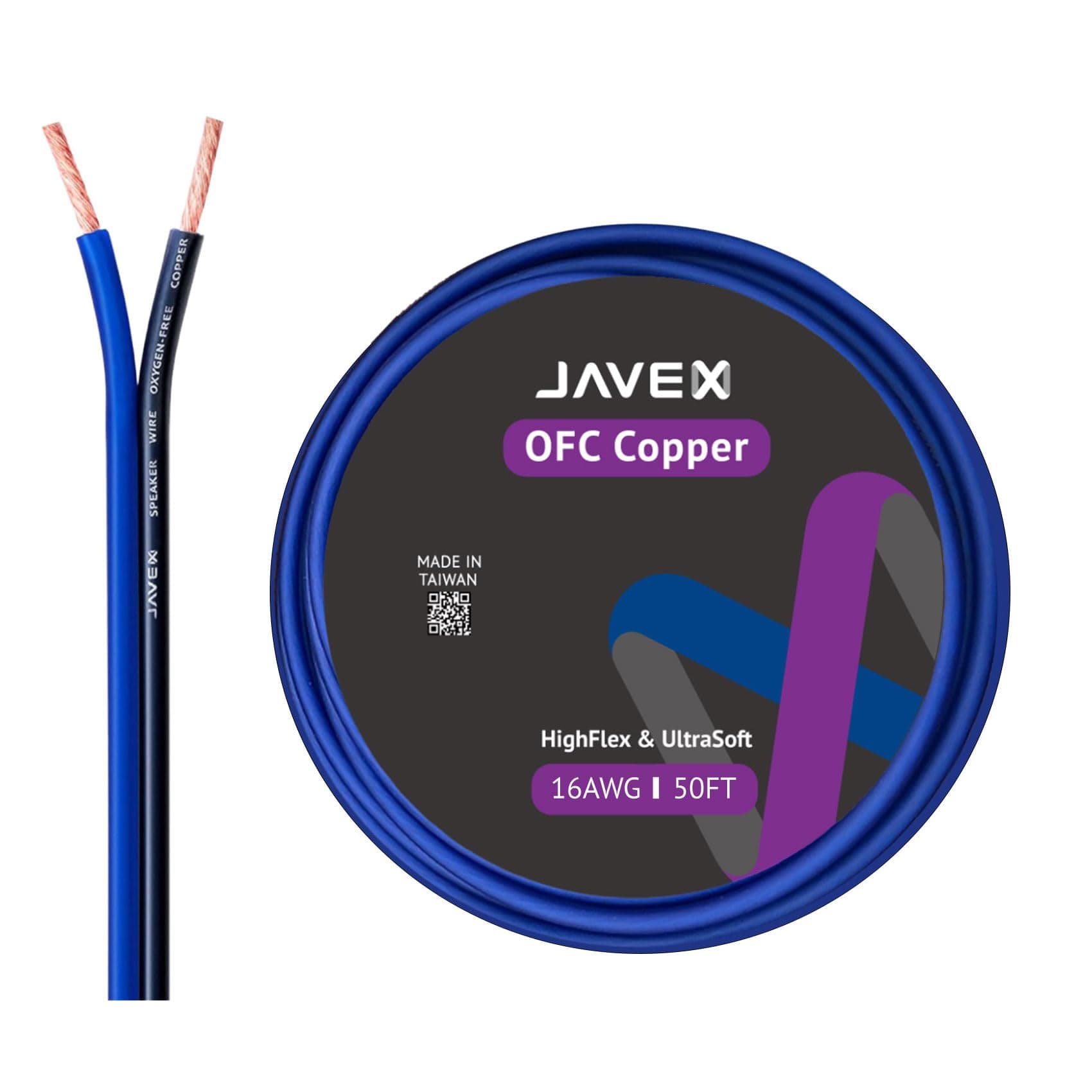 JAVEX 16-Gauge AWG Audio Speaker Wire Cable (50 FT), [OFC Oxygen-Free Copper] Thin Flat Cable for Automotive Car Stereo Audio, HI-FI Stereo, Home Theater, Blue/Black