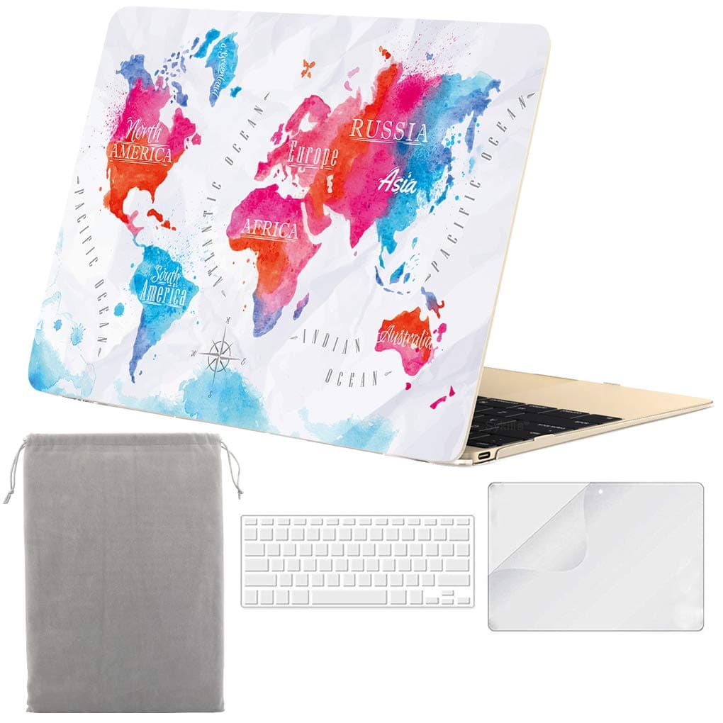 Sykiila for MacBook 12 inch Case 4 in 1 Hard Shell Case & Sleeve & Keyboard Cover & HD Screen Protector for Model A1534 with Retina Display - World Map