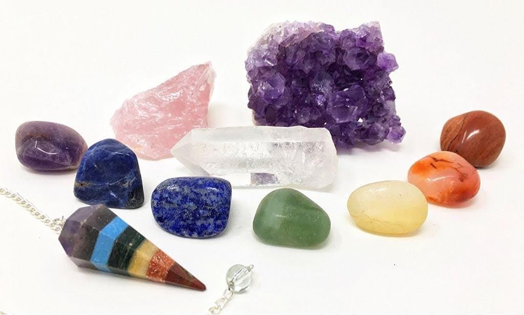 Healing Crystals Chakra Set (11 Pcs) - Amethyst Cluster, Rose Quartz, Clear Quartz, Pendulum & 7 Tumbled Stones - Reiki Complete Set, Energy Cleansing, Spiritual Meditation with Ebook & Pouch