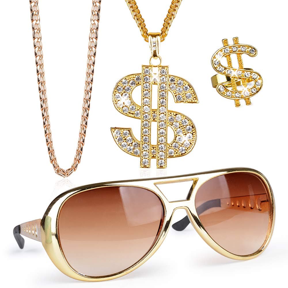 FLOFIAFLOFIA 4Pcs Hip Hop Costume Kit - 80s/90s Fancy Dress Accessories Fake Gold Chain Dollar Sign Necklace, Ring, Hippie Glasses for Men's Rapper Costume