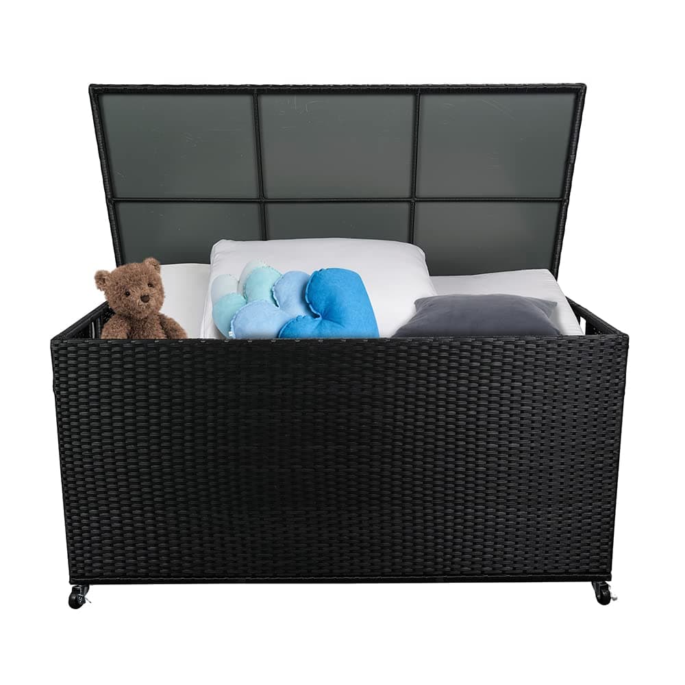 Sundale Outdoor Storage Box with Wheels, 160 Gallon Wicker Patio Deck Boxes with Lid, Outdoor Cushion Storage Container Bin Chest for Cover, Hose, Pillow, Towel - Black