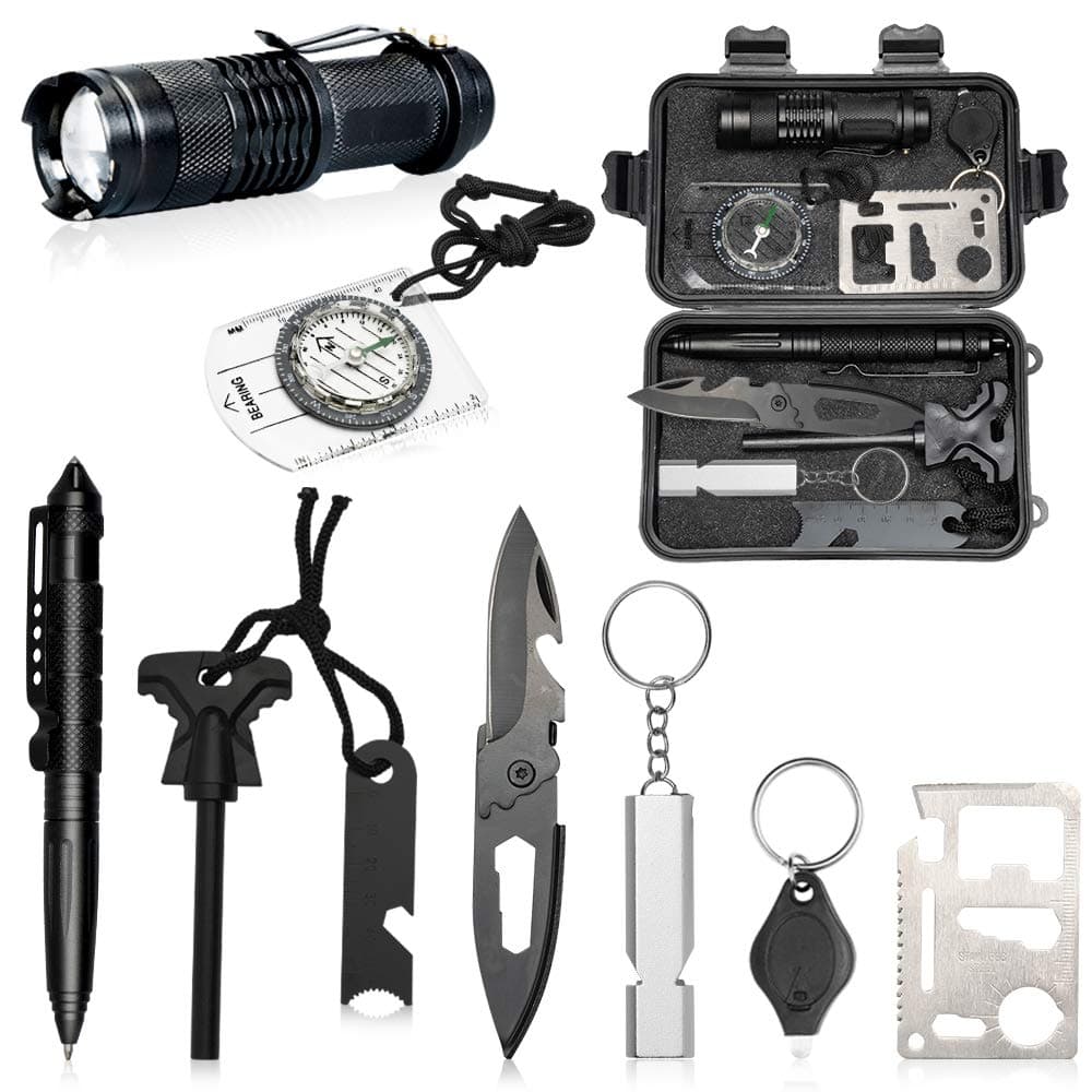 Survival Kit 9 in 1, Owlbbabies Survival Gear and Equipment, Christmas Cool Gadgets Gifts for Men Dad Teen Boy, Tactical Survival Tool with Compass Starter Flashlight for Cars Hiking Camping Fishing