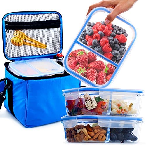 Sale Glass Meal Prep Containers 2 Compartment BPA Free Leakproof Glass Food Storage Containers Airtight Locking Lids Bento Lunch Box Containers Set in Large Insulated Thermal Cooler Lunch Bag (Blue)
