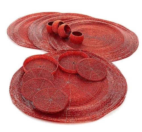 Colin Cowie Red Glass Beaded Handcrafted 12-piece Place Settings - Placemats, Napkin Rings, Coasters