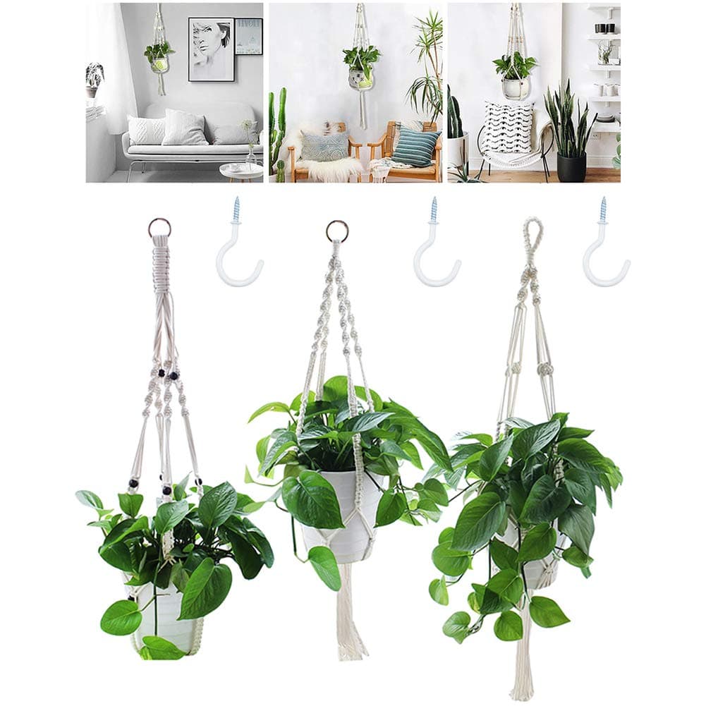 Yotako 3 Pack Macrame Plant Hanger and 3 PCS Hooks Indoor Outdoor Handmade Hanging Plant Holder Hanging Planter Stand Flower Pots for Boho Home Decor