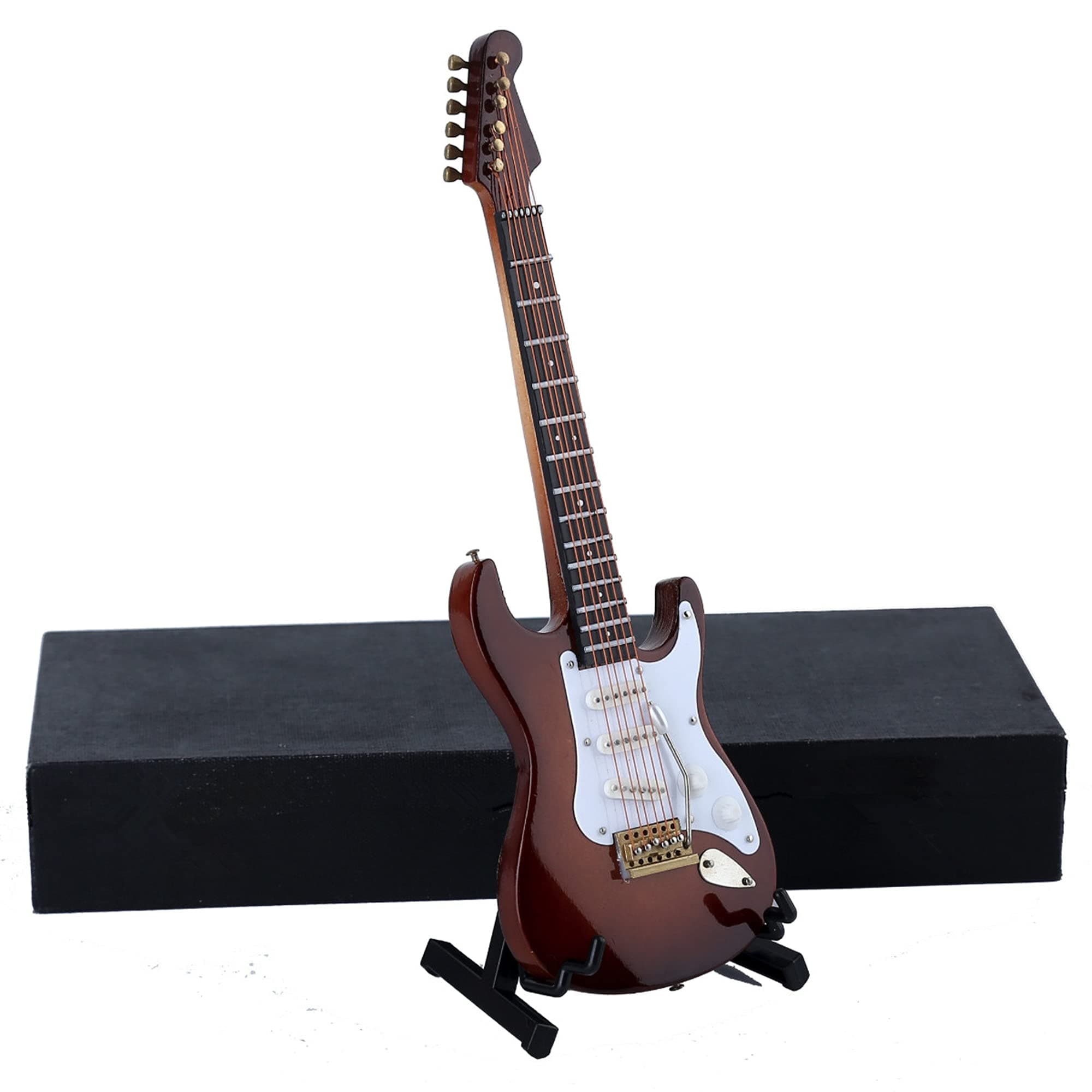 Wooden Miniature Electric Guitar with Stand and Case Mini Musical Instrument Electric Guitar Replica Collectible Figurines Model Home Decoration Display Ornament (Brown, 7.09"x2.27"x0.54")