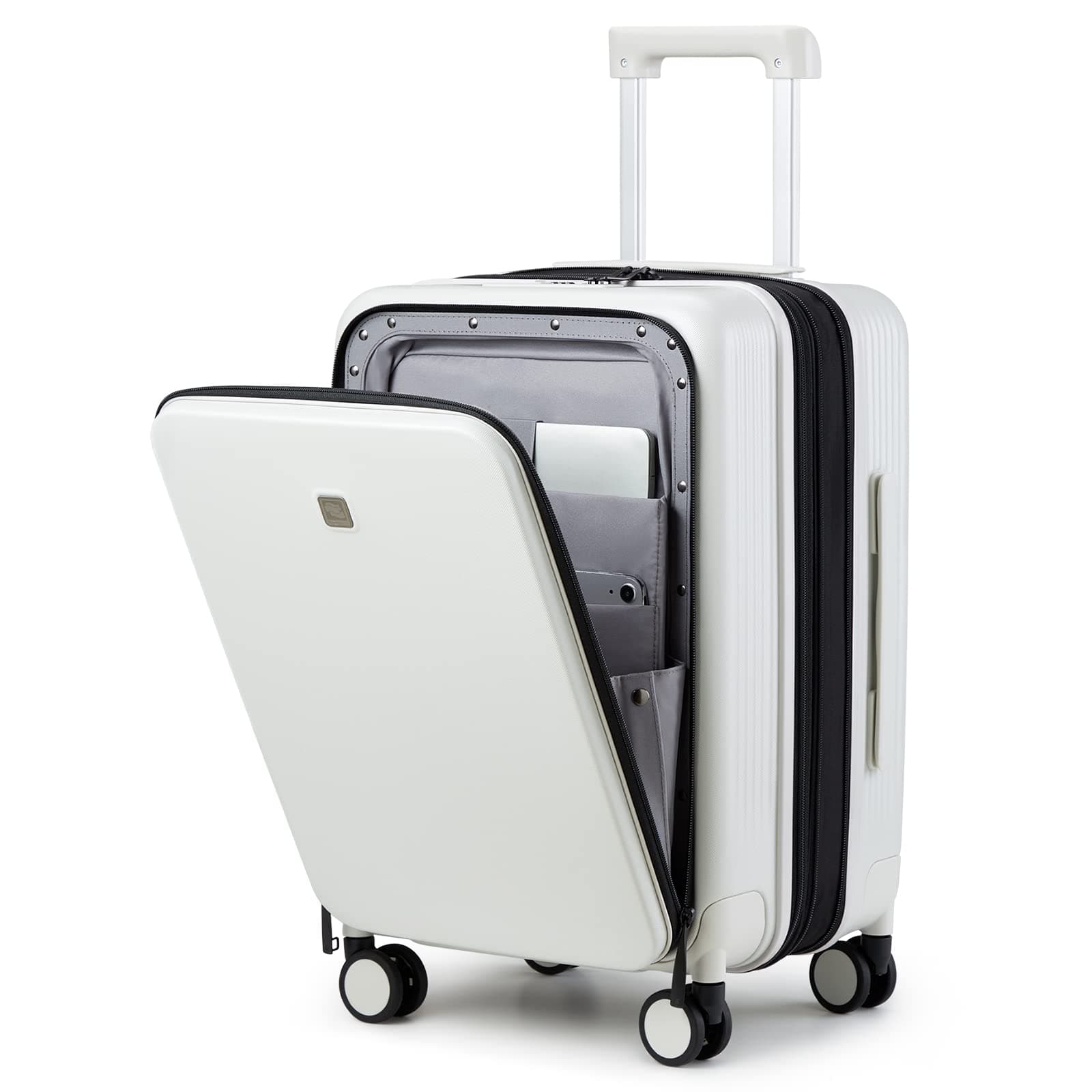 20 Inch Carry On Luggage Airline Approved with Wheels and Front Pocket, Lightweight Hardshell Travel Suitcase TSA Rolling Luggage for Business Trip(Smoke White)