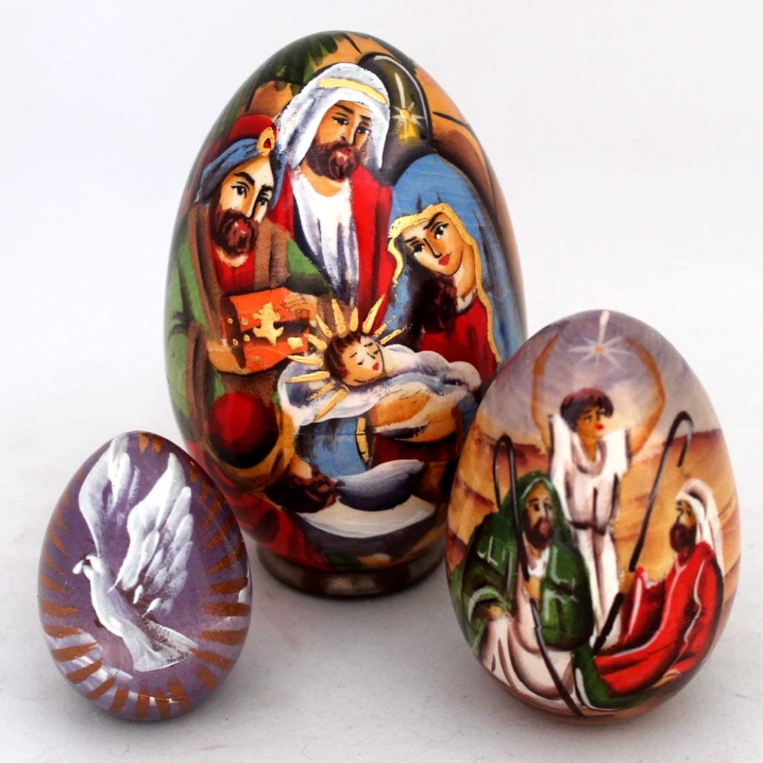 yolkstar Wooden Nativity Hand Painted Decorative Nesting Egg 3-pc 3.8"