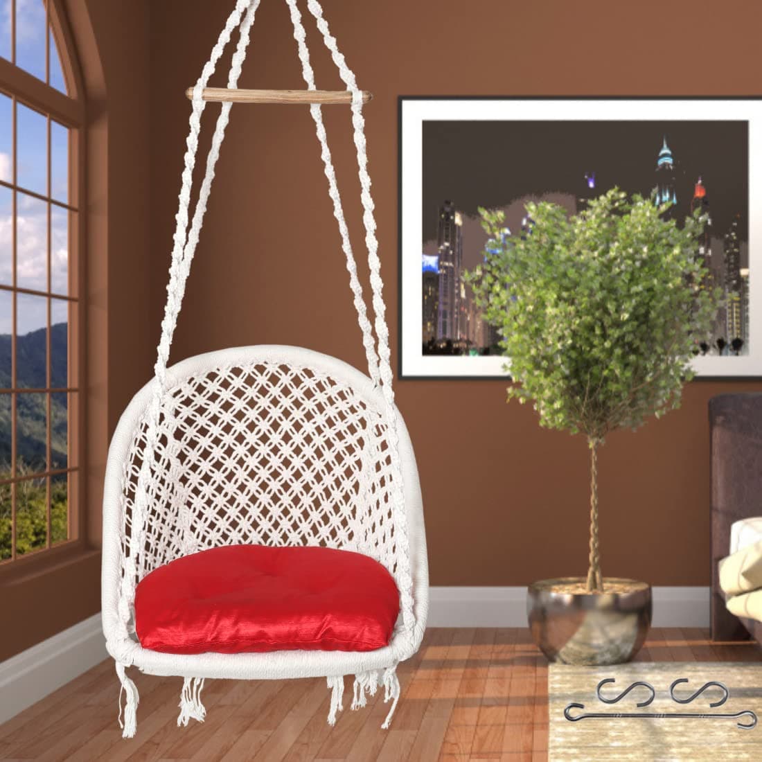 Patiofy D Shape Cotton Swing for Adults - Wooden Hammock for Home, Balcony, Indoor - Jhoola/Unjal Chair With Hanging Kit & Red Cushion (White), 61 Cm