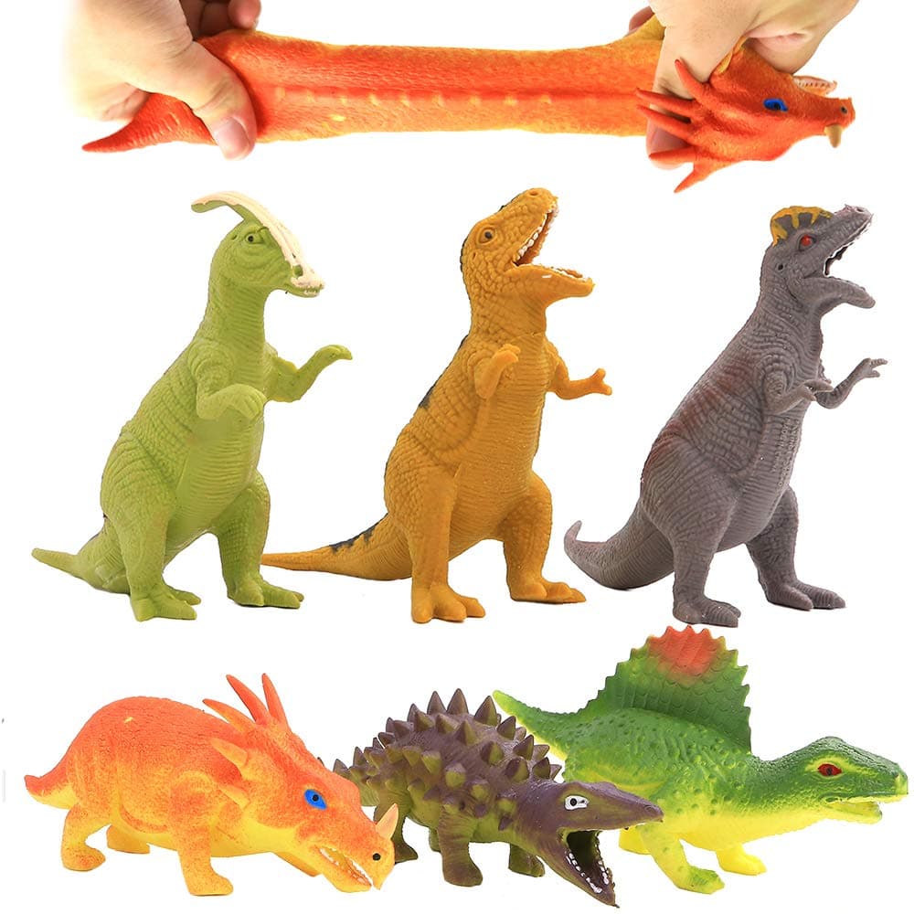 ValeforToy Dinosaur Toy,8 inch Rubber Dinosaur Set(6 Pack),Super Stretches Material TPR with Gift Bag, Realistic Dinosaur Figure Toy for Boy Kid Party Favor