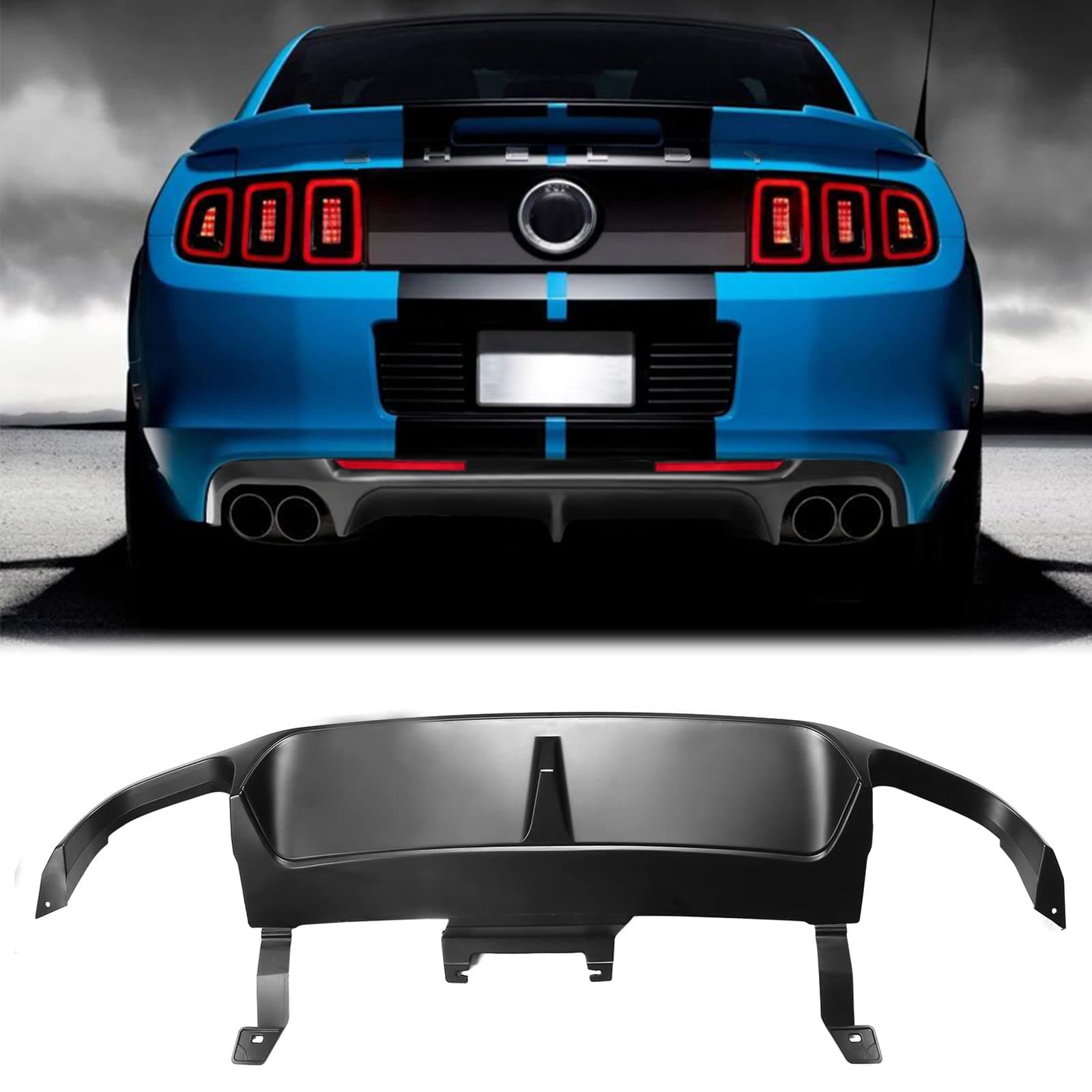 FREEMOTOR802 Compatible with 2013-2014 Ford Mustang Shelby GT500 Rear Diffuser Lip, GT500 Style Matte Black PP Rear Bumper Molding Lip Lower Valance Diffuser W/ V1 Style Shark Fin