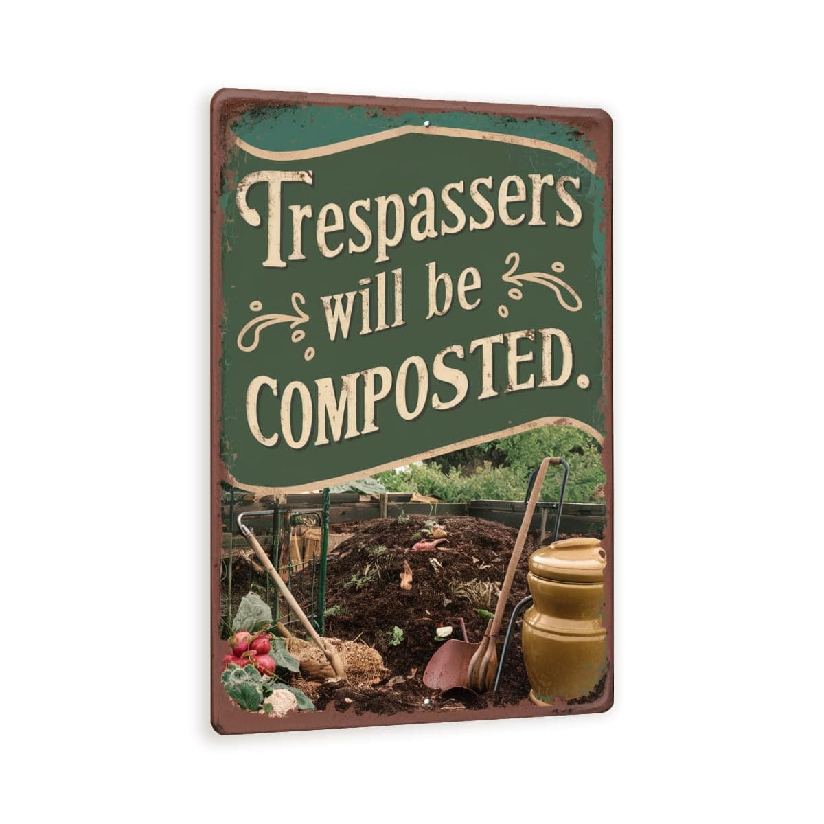 Vintage-Style "Trespassers Will Be Composted" Sign - Humorous Green Garden Decor with Rich Compost and Gardening Tools