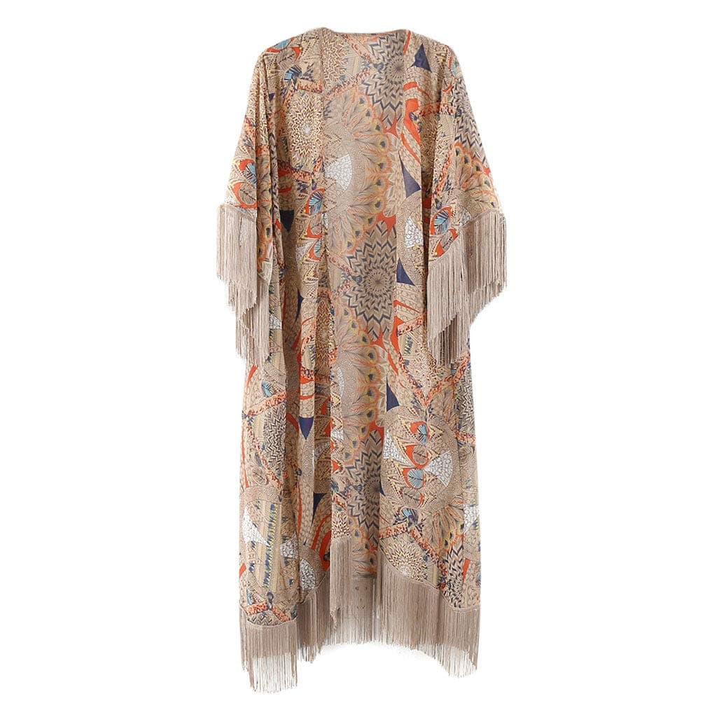 Womens Summer Half Sleeve Chiffon Cardigan Boho Retro Geometric Floral Printed Fringed Tassels Patchwork Bikini Cover Up Ankle Length Kimono Cape