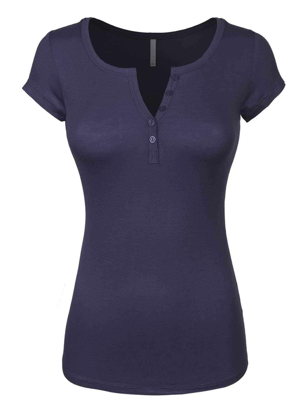 Design by Olivia Women's Basic Henley Short Sleeve Deep V-Neck Button Placket T-Shirt Navy Blue S