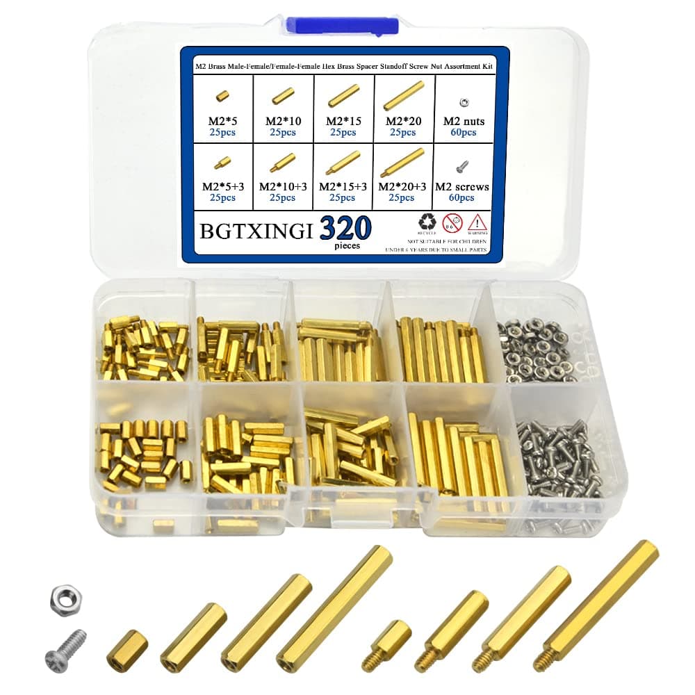 XINGYHENG XLX 320PCS M2 Brass Male-Female/Female-Female Hex Brass Spacer Standoff Screw Nut Assortment Kit and Stainless Steel Screw Nut Set (Brass M2)