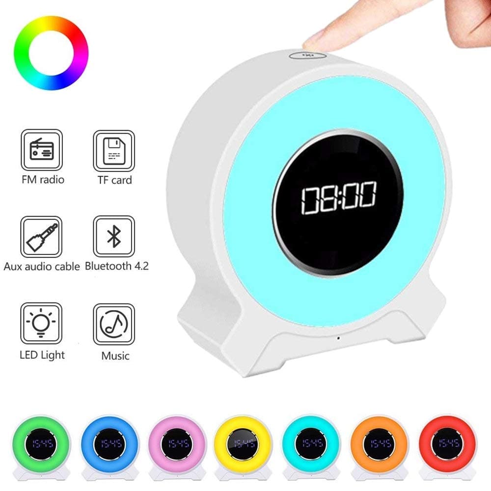 Amouhom Alarm Clock, Bluetooth Speaker Night Light Radio, Adjustable Colors, Bluetooth 4.2 Hands Free Speaker, Rise Sleep, Gifts for Children (White) - Alarm Clock Cannot Change 12/24 hrs (A)