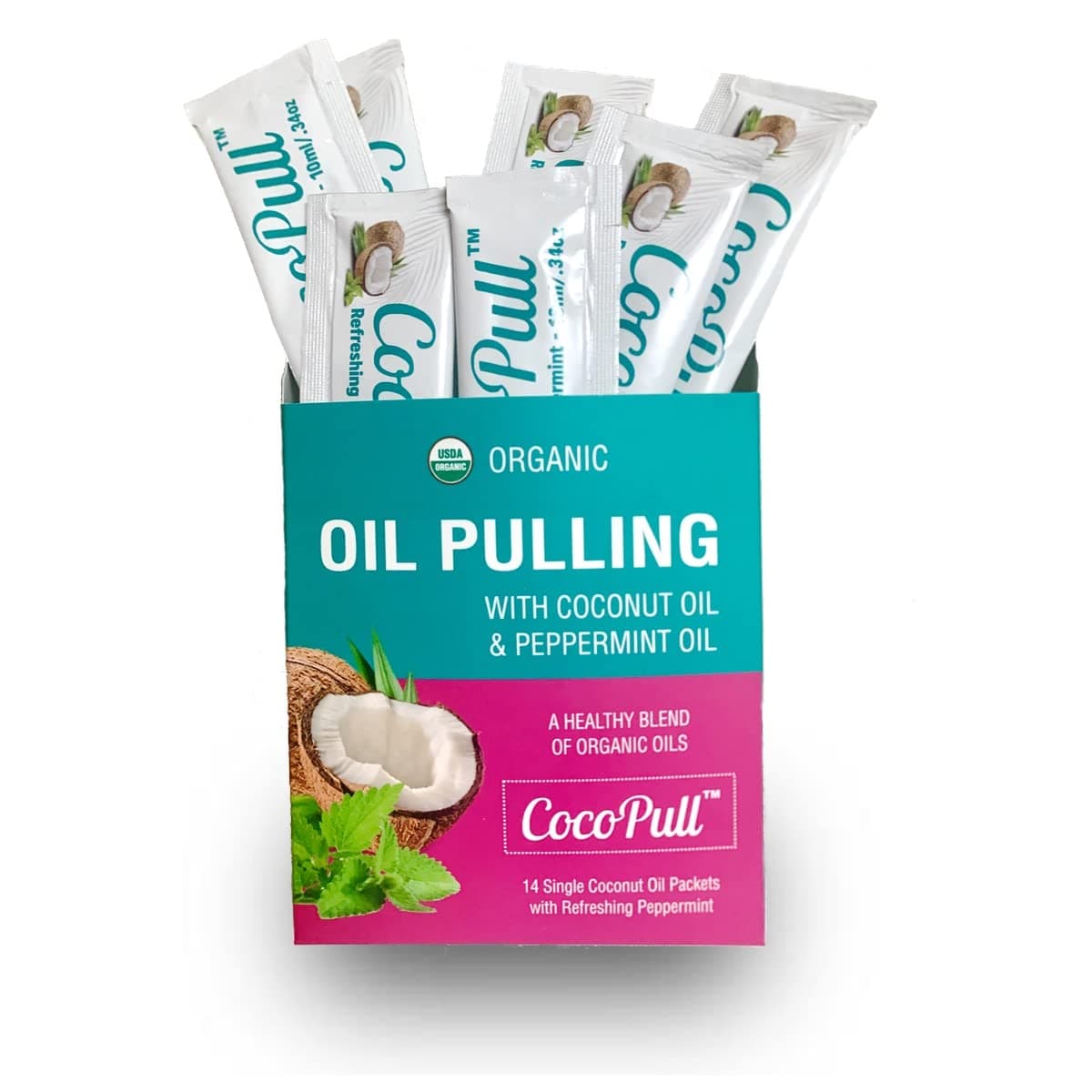 Aviva Pure Oil Puller - Organic Coconut & Peppermint Oil Packets (14 Count) for Teeth Whitening, Gum Health & Fresh Breath