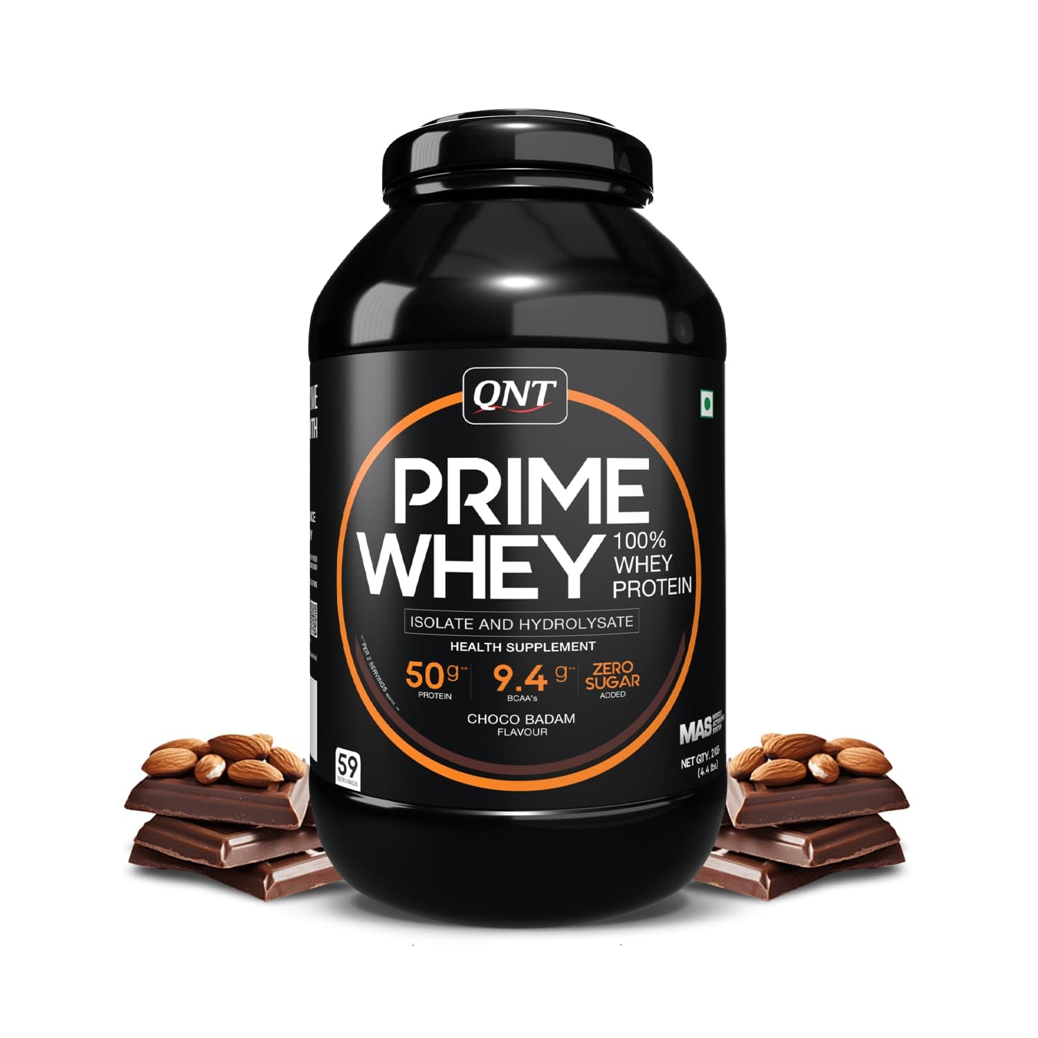 QNT Prime Whey Protein Powder – Choco Badam | 25g Protein Per Scoop | Whey Isolate, Concentrate & Hydrolysate Blend | 59 Servings | Muscle Growth, Recovery & Strength | 2kg