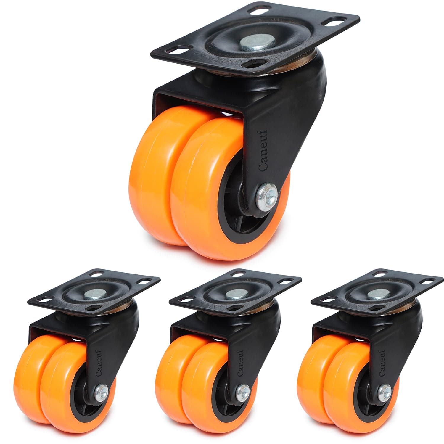 Caneuf Double Wheel Puff Castor Heavy Duty 360 Degree Swivel Double Castor Wheel 50 mm 500 kg Load Capacity (Set of 4), Black, Orange